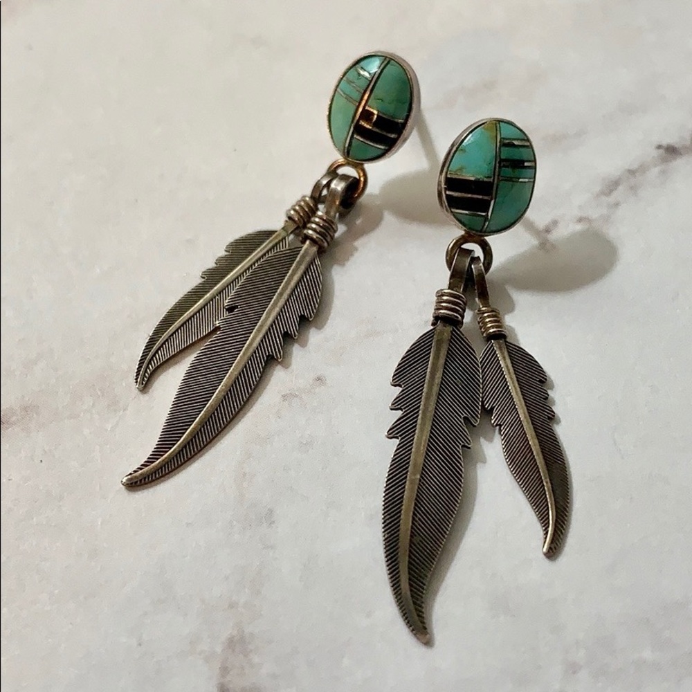 Zuni Mosaic Inlay Turquoise Onyx Feather Earrings